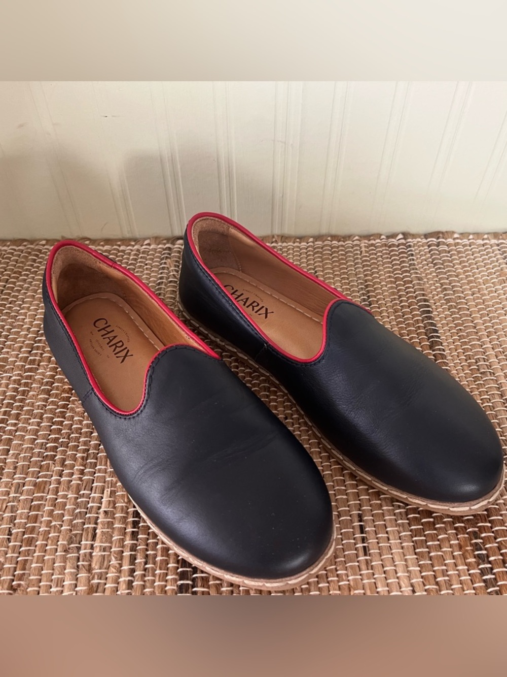 CLARIX NAVY LEATHER LOAFERS WITH RED TRIM